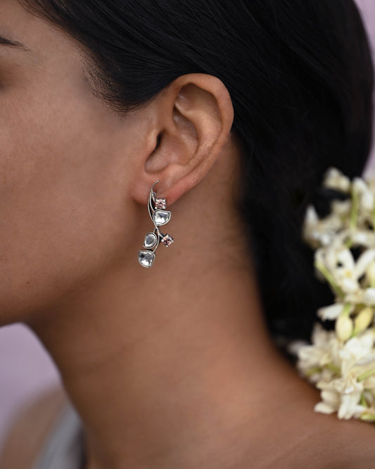 Rohini Earrings – Elegant floral motif earrings handcrafted in 92.5 sterling silver, featuring intricate detailing inspired by blooming flowers.