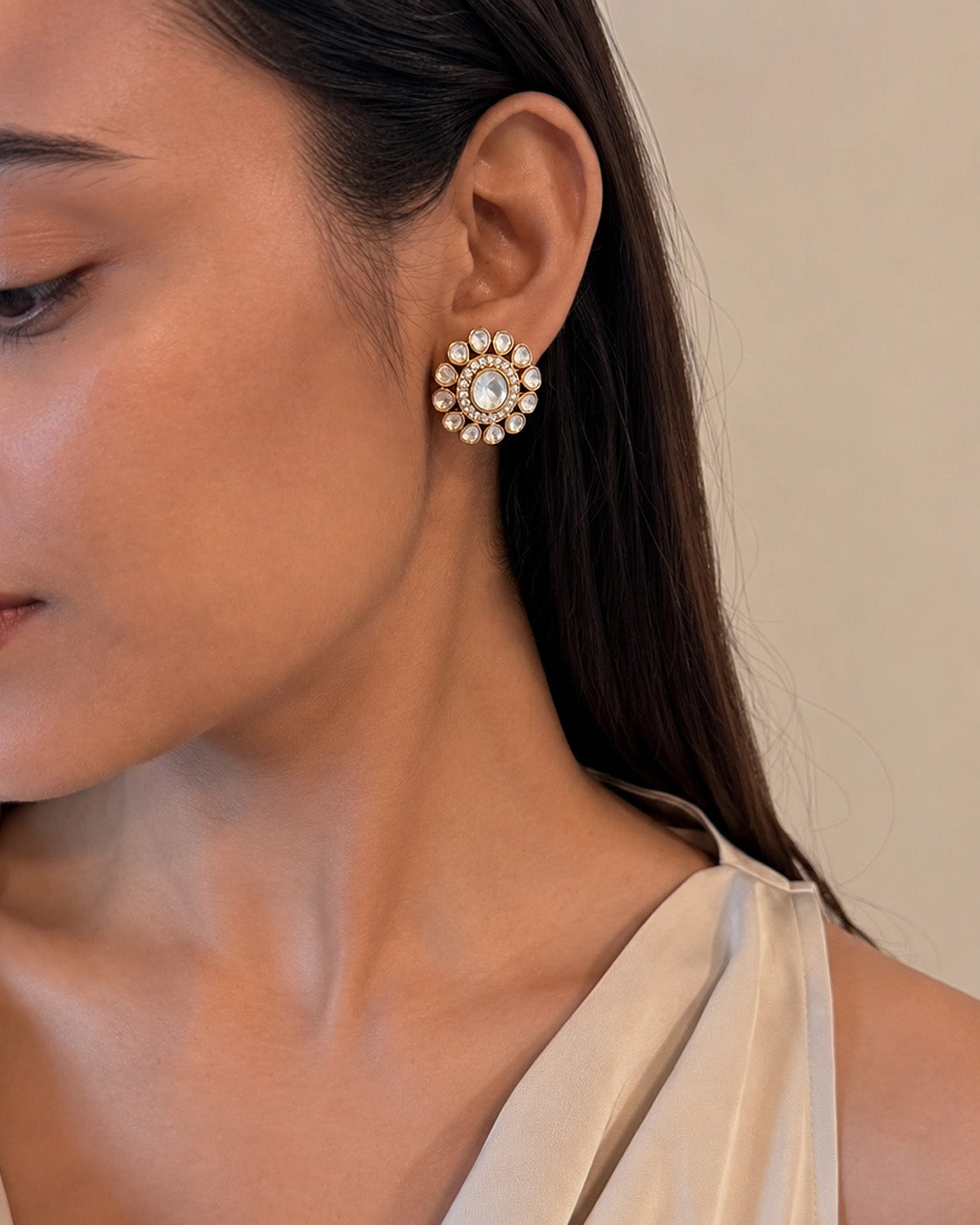 925 sterling silver polki ear studs with gold finish, elegant traditional Indian jewelry by NUVI JEWELS