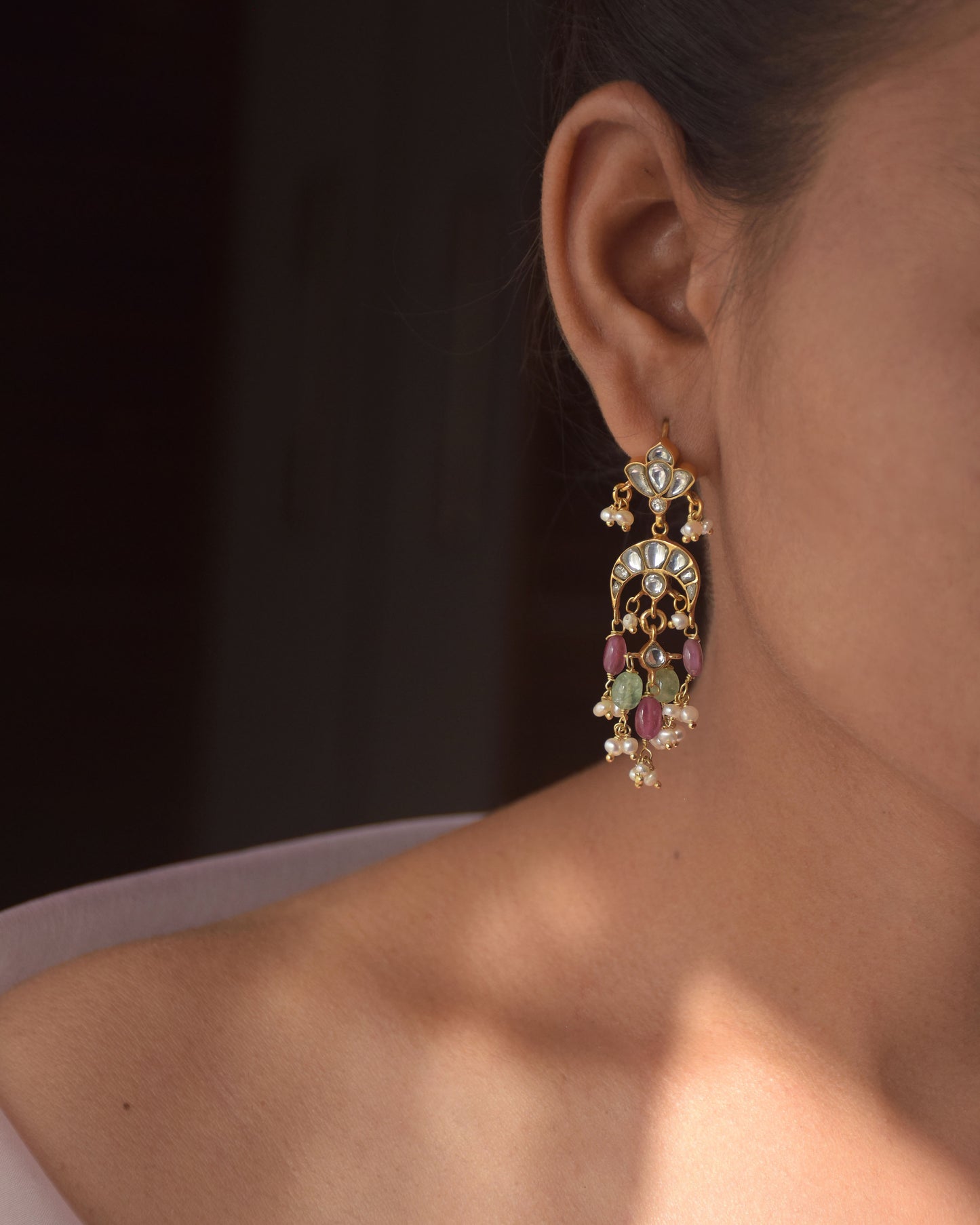 Handcrafted Nuvi Jewels Chand earrings with gold plated 92.5 silver, freshwater pearls, and vibrant colorful beads