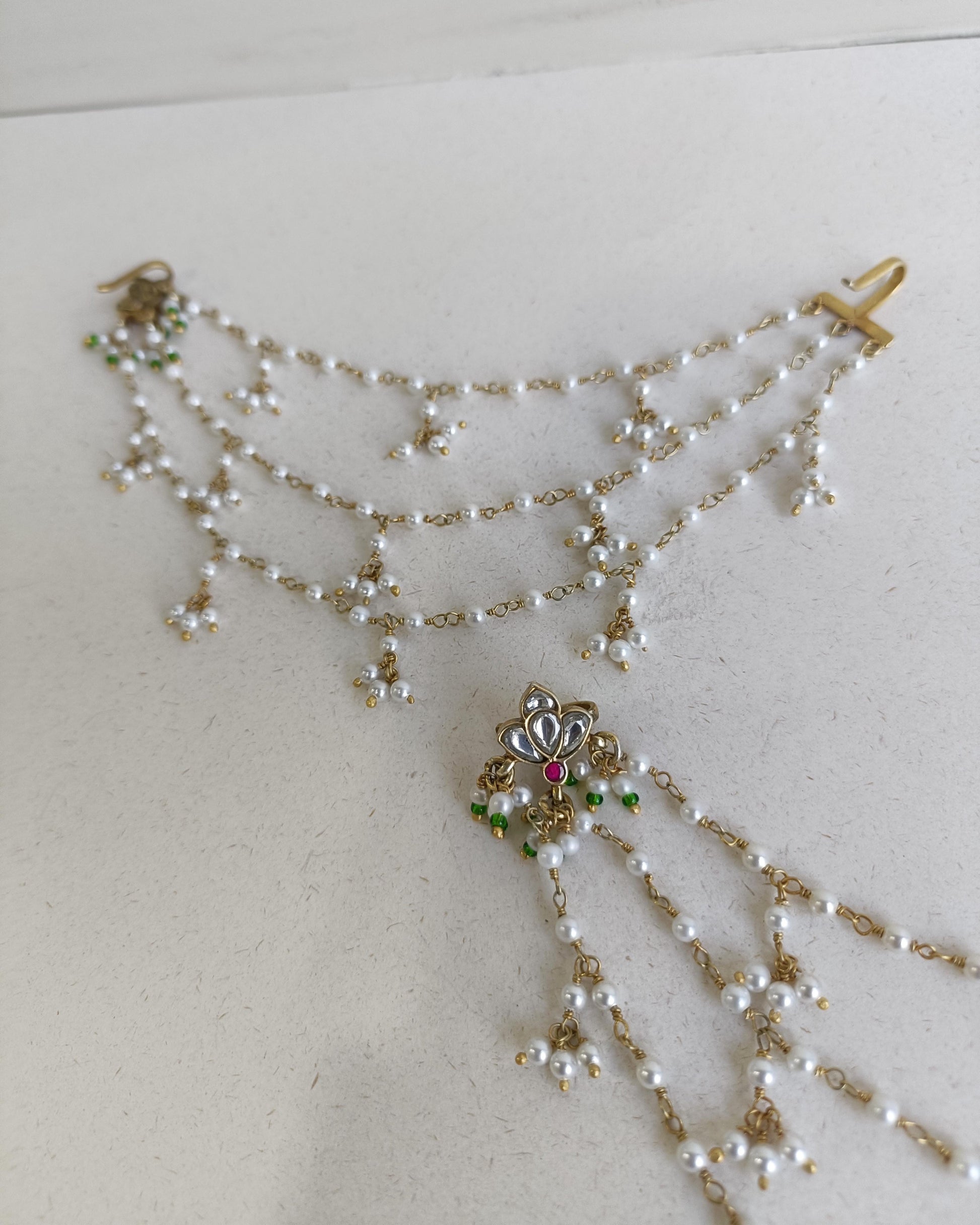 Nuvi Jewels designer Mithali Sahara Earrings in 925 silver gold plated with versatile three-layer kaanchain and freshwater pearls