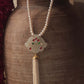 Chakori Tassel Necklace in 925 sterling silver with white quartz pendant and pearl tassel | NUVI JEWELS