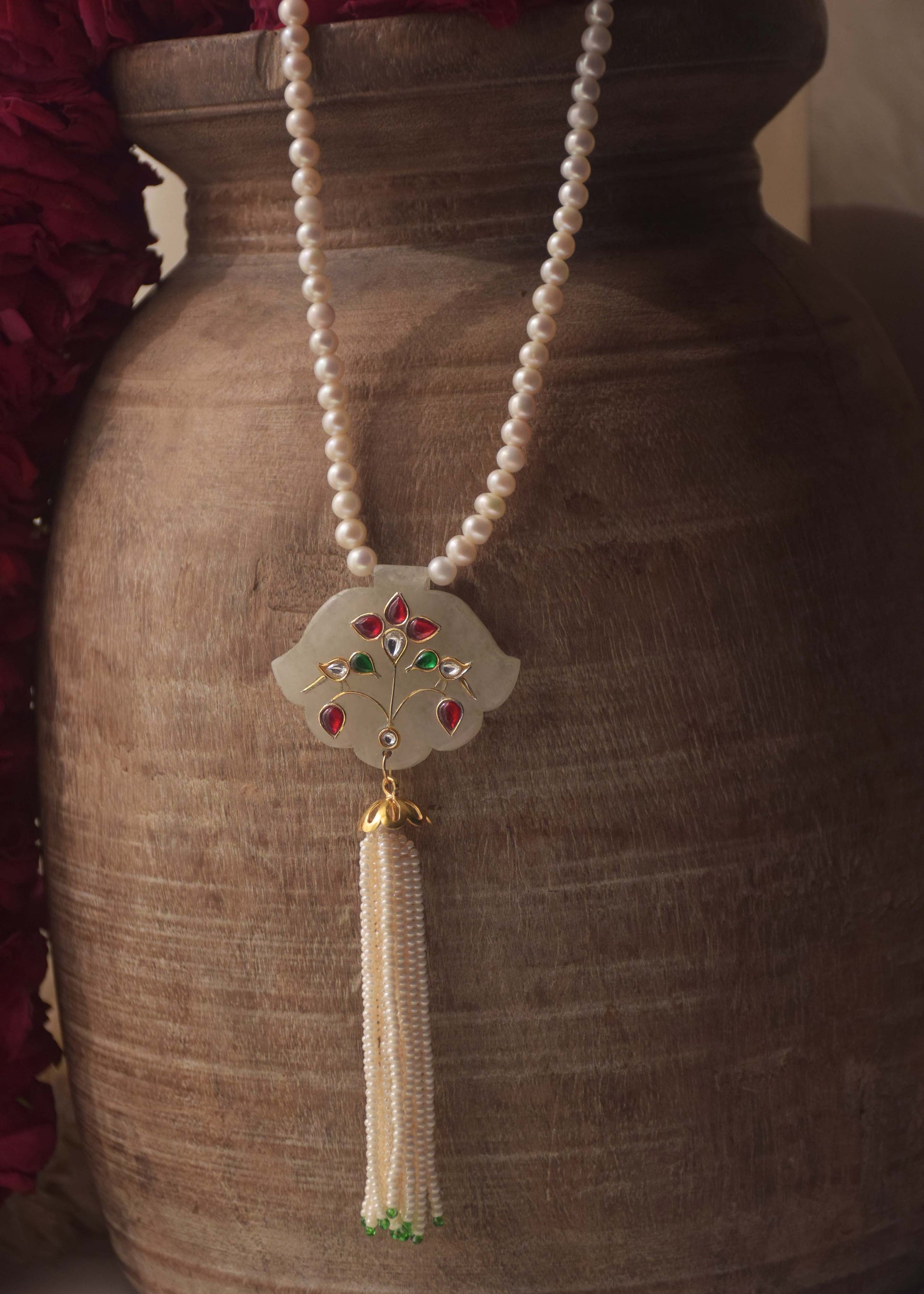 Chakori Tassel Necklace in 925 sterling silver with white quartz pendant and pearl tassel | NUVI JEWELS