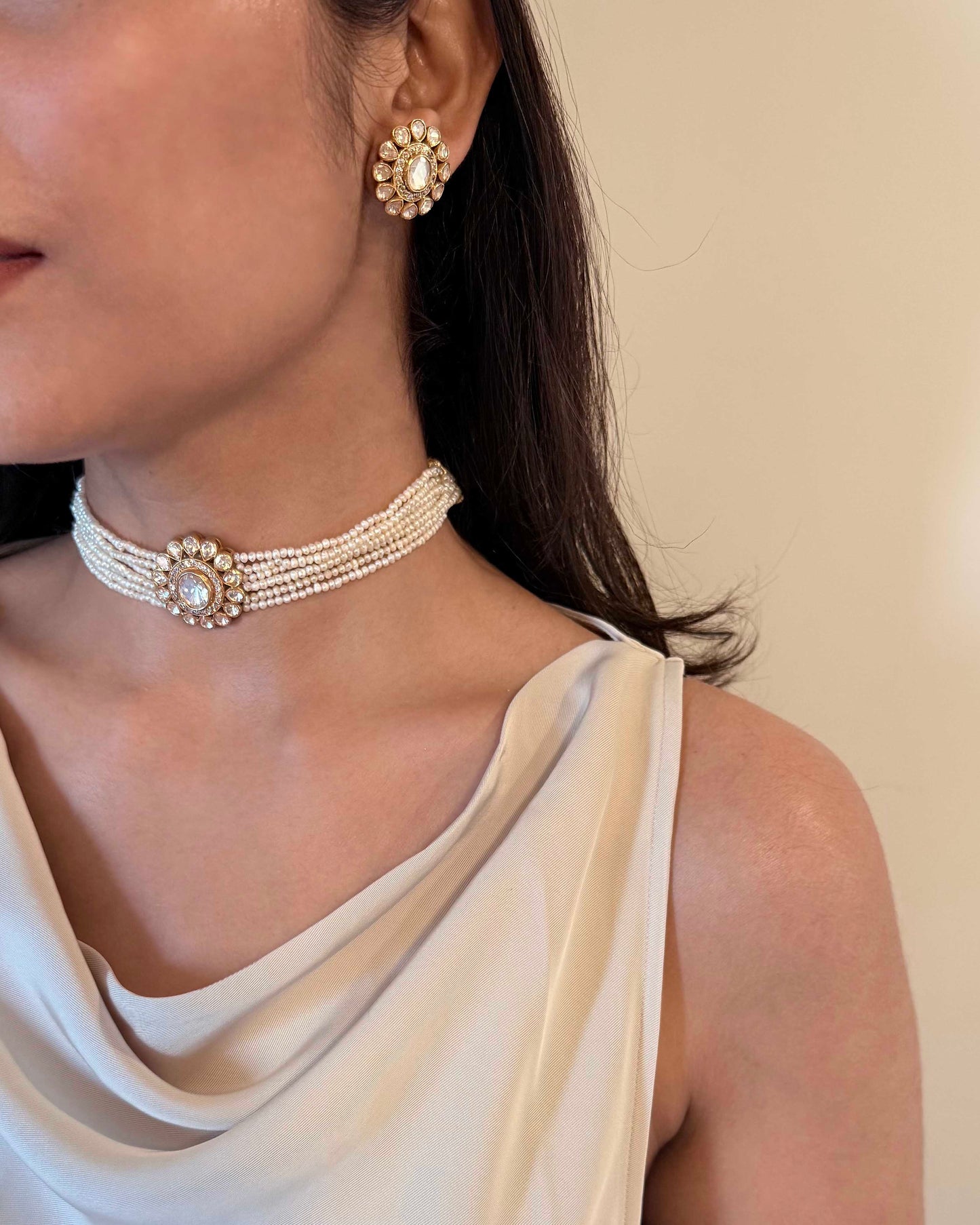 Elegant polki ear studs in 925 silver with festive gold polish and traditional Indian design | NUVI JEWEL