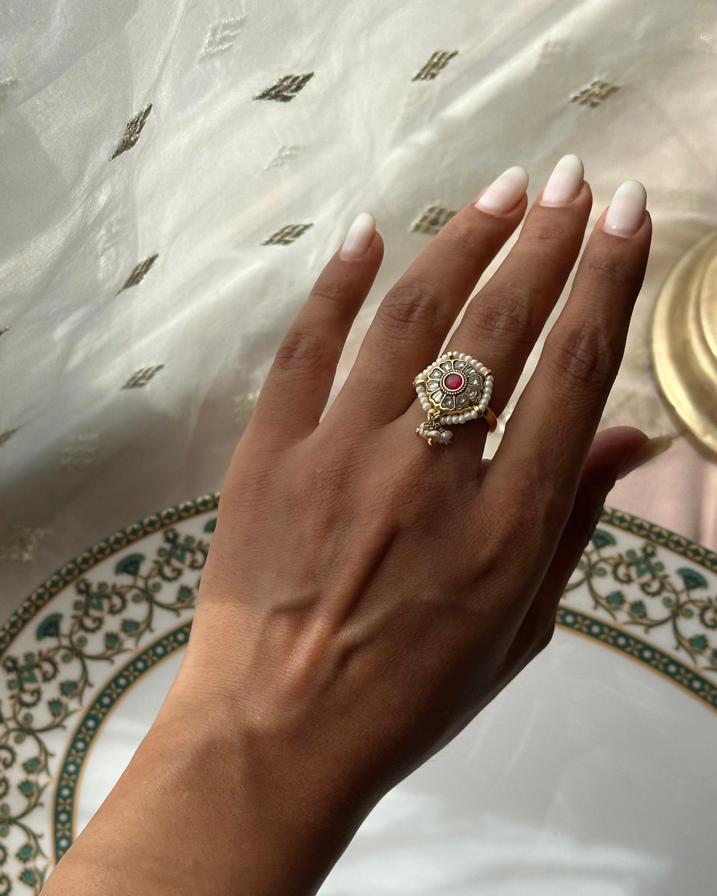 Nuvi Jewels heritage inspired jadau ring featuring handcrafted 925 silver gold plated design