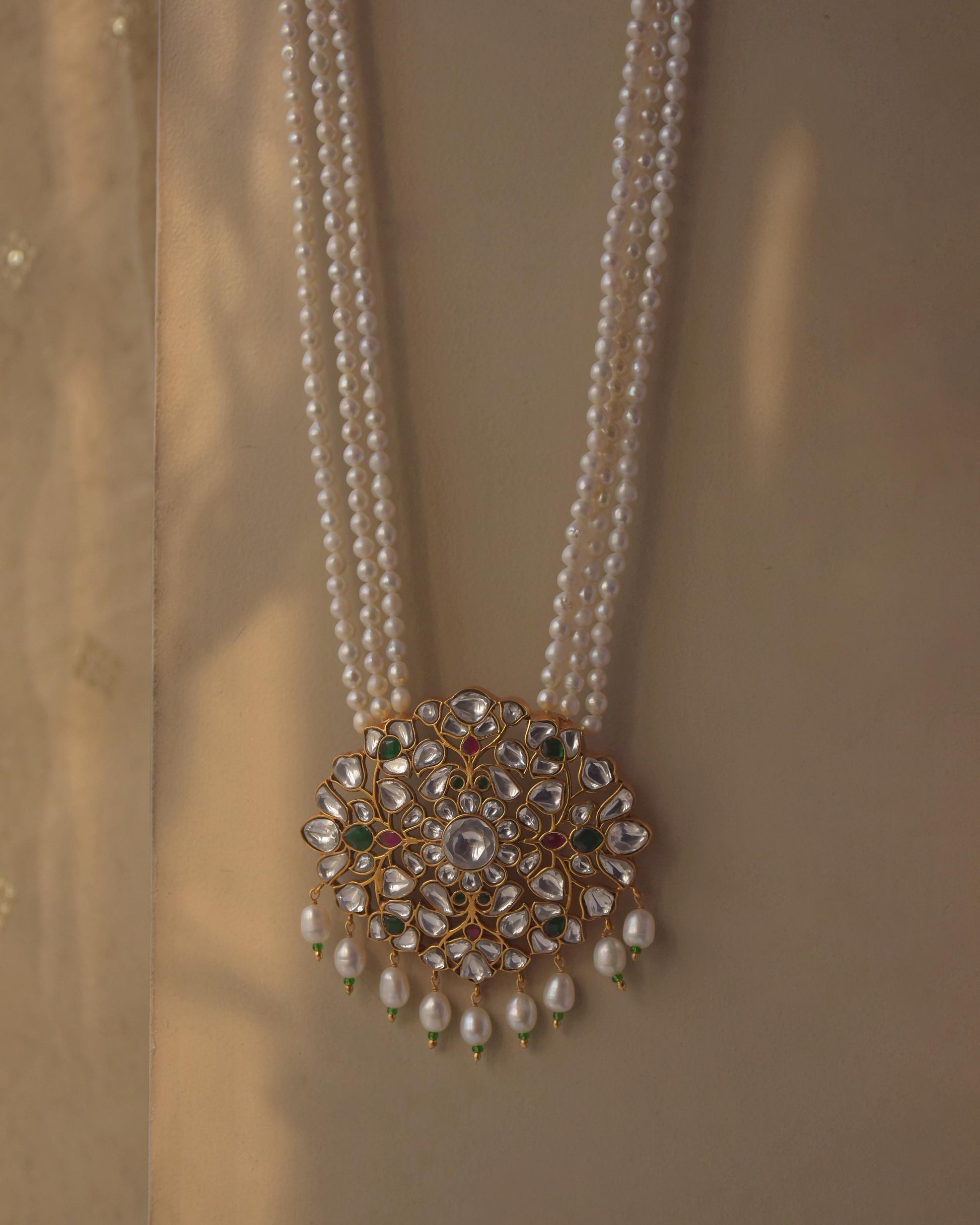 Nuvi Jewels Gulnaar jadau necklace in 925 sterling silver with gold plating and pearls
